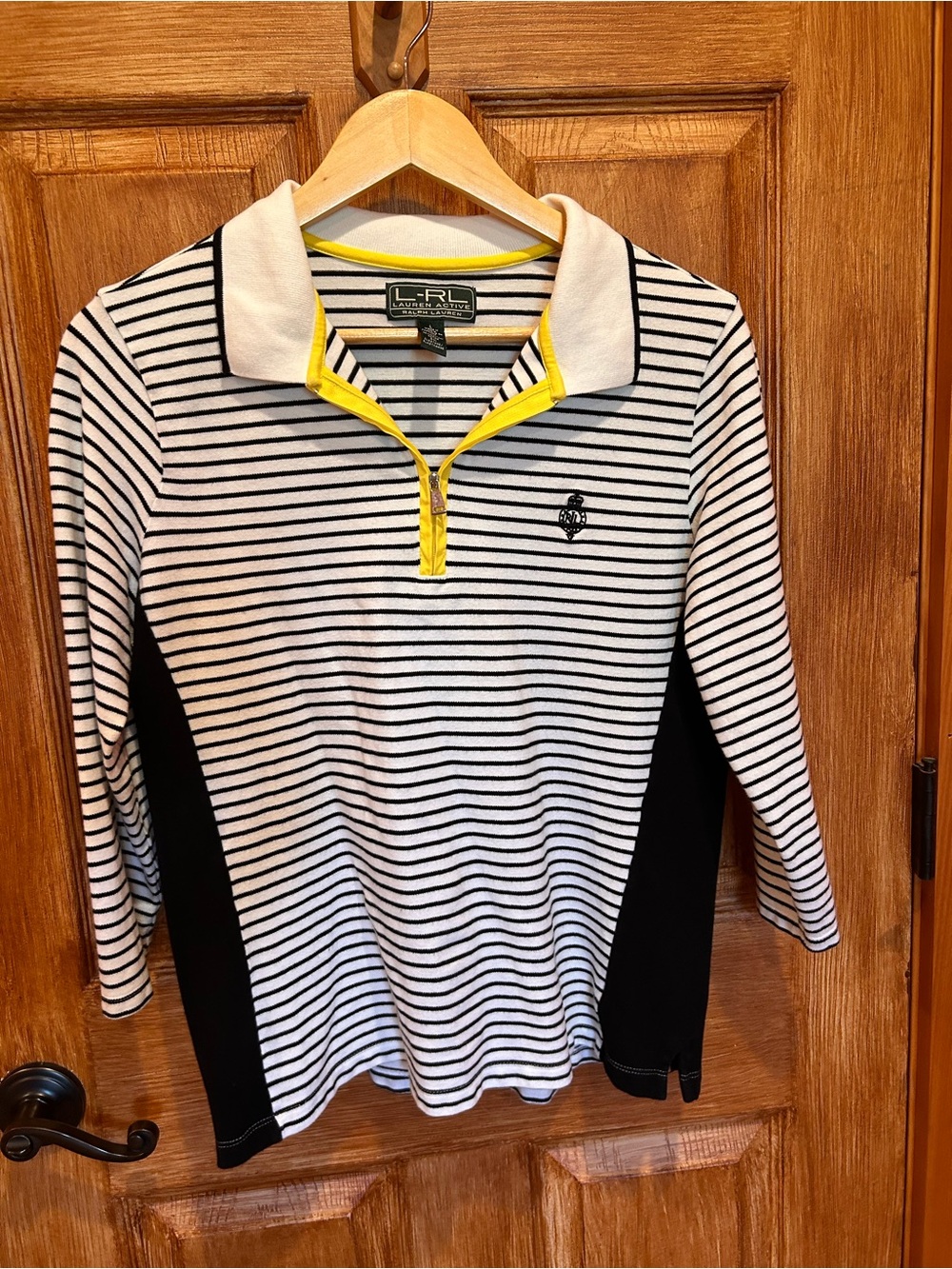 Lauren Ralph Lauren Black & White Striped Polo with Yellow Trim